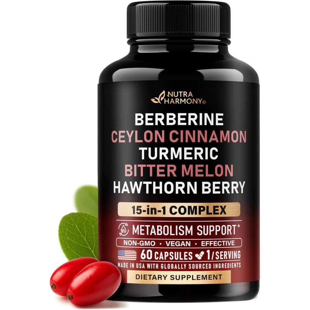 image:imageBerberine with Ceylon Cinnamon  Bitter Melon Karela  Apple Cider Vinegar  Hawthorn Berry  Citrus Bergamot  Turmeric  15in1 Supplement for Heart Support Metabolism amp Energy  60 Capsules
