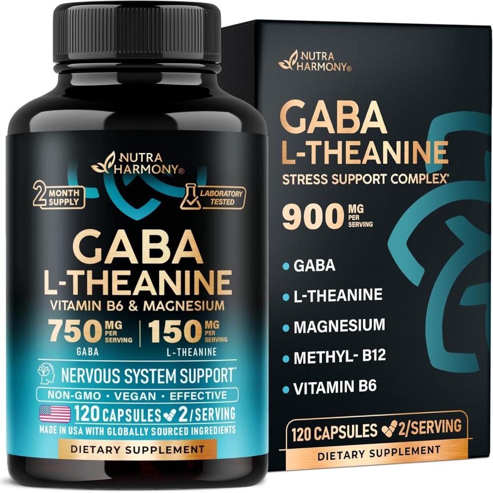 image:imageGABA LTheanine 900 mg  Made in USA  Magnesium  Vitamin B6  Calm Sleep Relaxation amp Mood Support  750 mg Gamma AminoButyric Acid 150 mg LTheanine  NonHabit Forming Vegan  120 Capsules120 Count Pack of 1