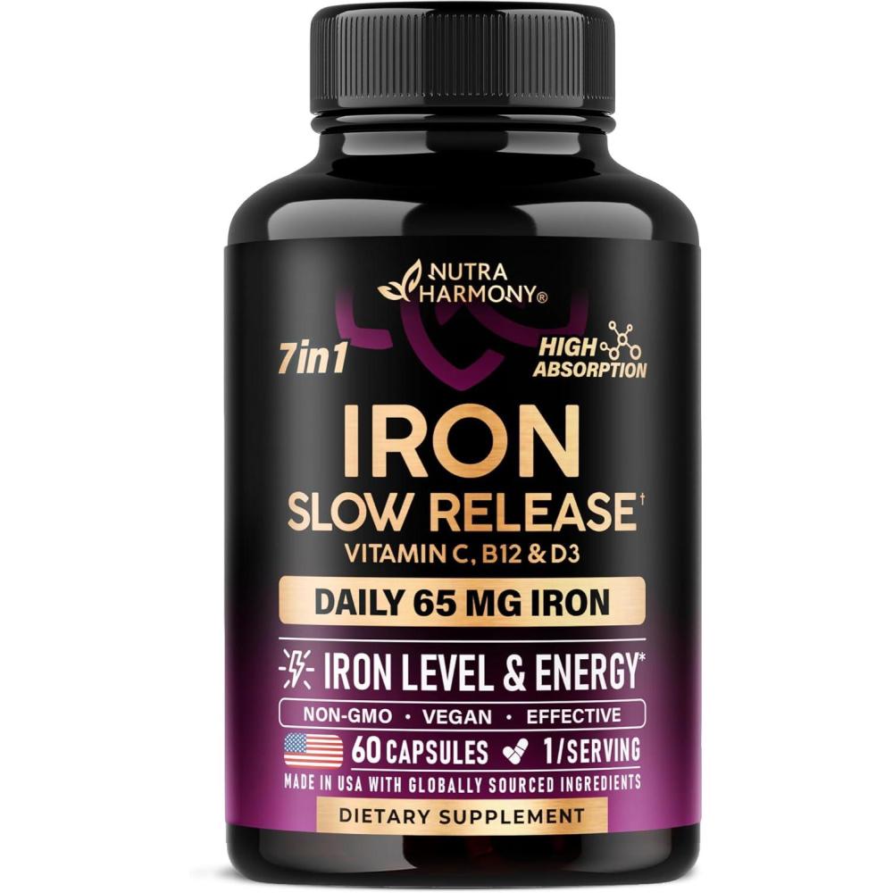 image:imageIron Supplement for Women  Iron 65mg Ferrous Sulfate 325mg  Stomach Friendly  Slow Release Iron  High Absorption  Vitamins C D3 B6 B12 amp Folate  Iron Level amp Energy Support  60 Capsules60 Count Pack of 1