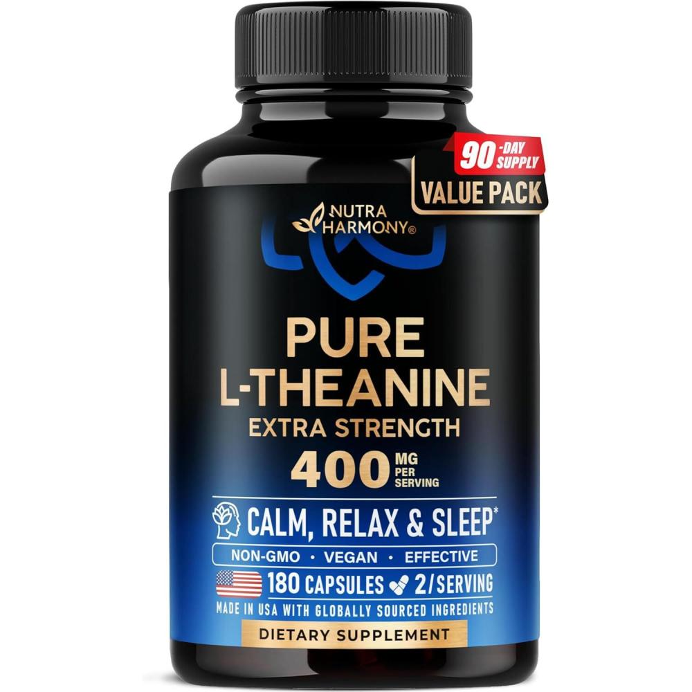 image:imageL Theanine 400 mg  LTheanine Stress Relief  Extra Strength Supplement  Made in USA  Relaxation Sleep amp Calm Support  For Men amp Women  Plant Based NonGMO amp GlutenFree  120 Vegan Capsules180 Count Pack of 1