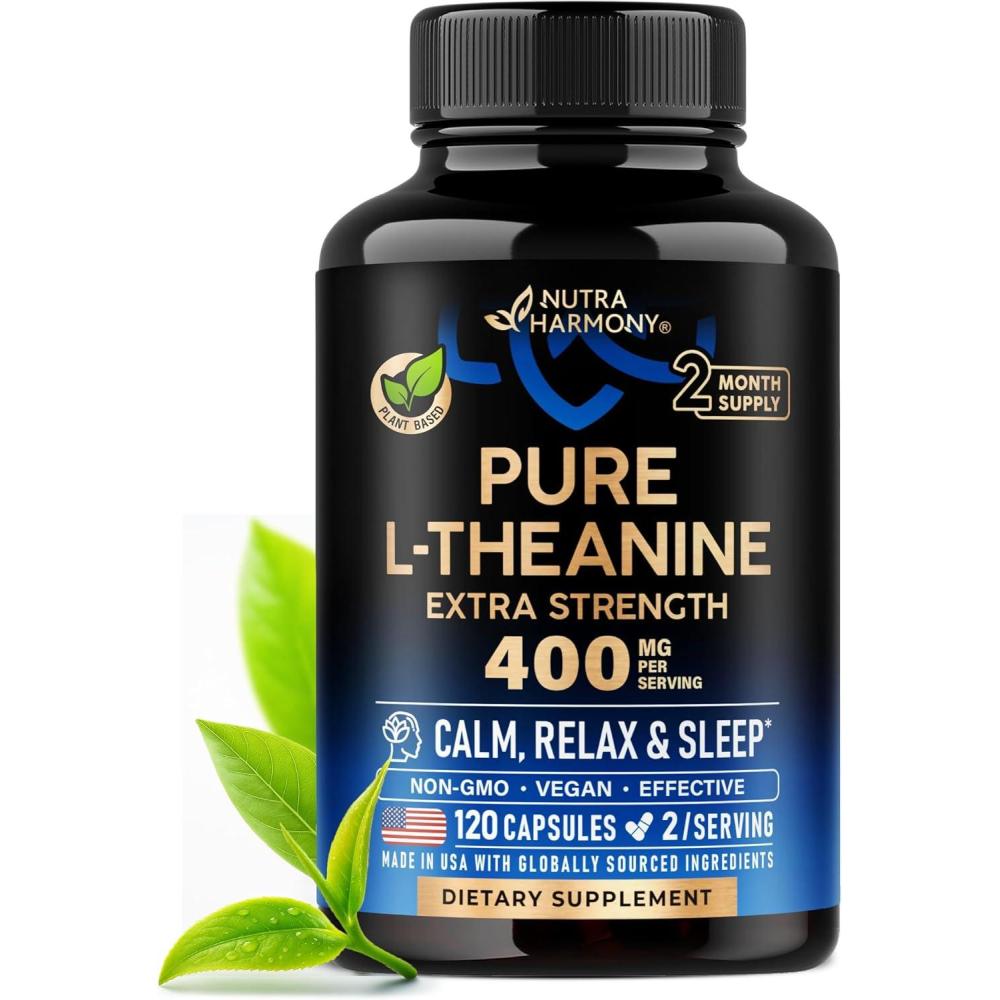 image:imageL Theanine 400 mg  LTheanine Stress Relief  Extra Strength Supplement  Made in USA  Relaxation Sleep amp Calm Support  For Men amp Women  Plant Based NonGMO amp GlutenFree  120 Vegan Capsules120 Count Pack of 1