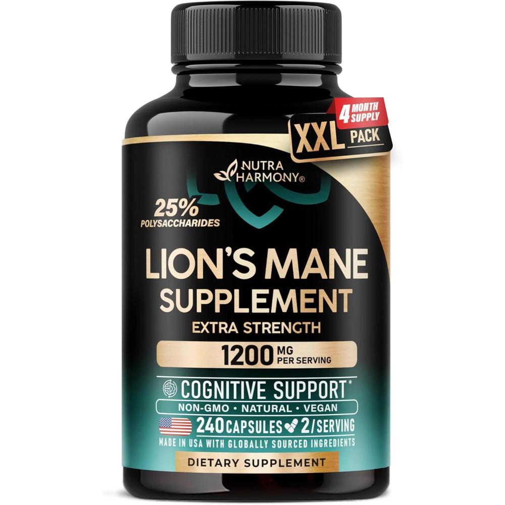 image:imageLions Mane Supplement Capsules  Organic Lions Mane  Made in USA  Fruiting Bodies Extract  1200 mg 25 Polysaccharides  Memory amp Focus Support  As Lions Powder  120 Capsules 2 Month Supply240 Count Pack of 1