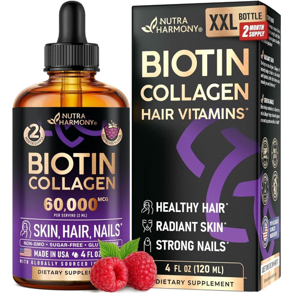 image:imageLiquid Biotin amp Collagen 60000 mcg  Vitamins for Hair Growth Support  Extra Strength Drops for Women amp Men  Liquid Collagen Supplement  Strong Nails amp Healthy Skin  Made in USA  2 Fl Oz4 Fl Oz Pack of 1