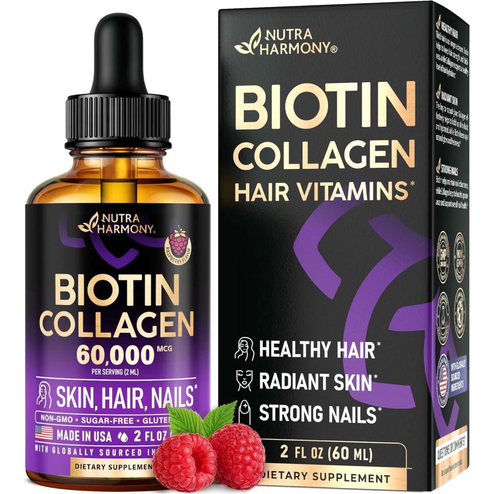 image:imageLiquid Biotin amp Collagen 60000 mcg  Vitamins for Hair Growth Support  Extra Strength Drops for Women amp Men  Liquid Collagen Supplement  Strong Nails amp Healthy Skin  Made in USA  2 Fl Oz2 Fl Oz Pack of 1