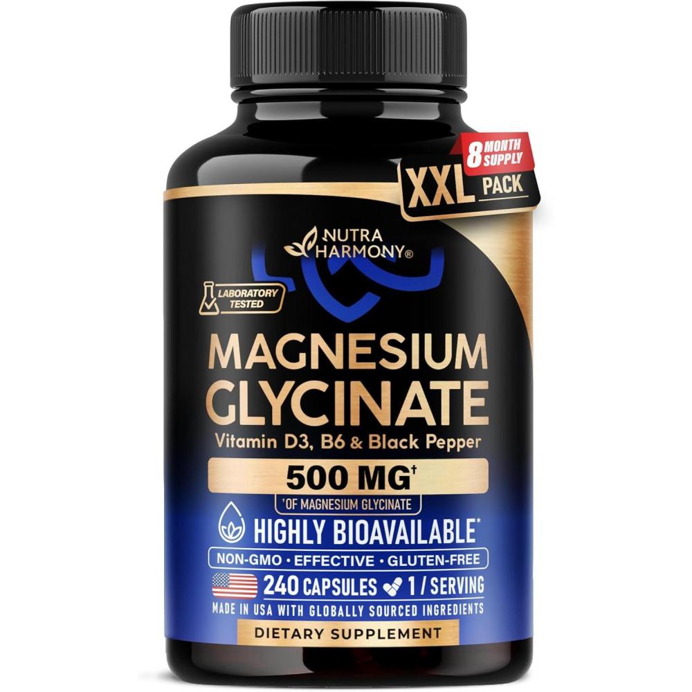 image:imageMagnesium Glycinate 500 mg  Chelated Supplement  High Absorption Form of Magnesium  Support for Sleep Muscle amp Heart Health  Made in USA Lab Tested amp NonGMO  240 Capsules