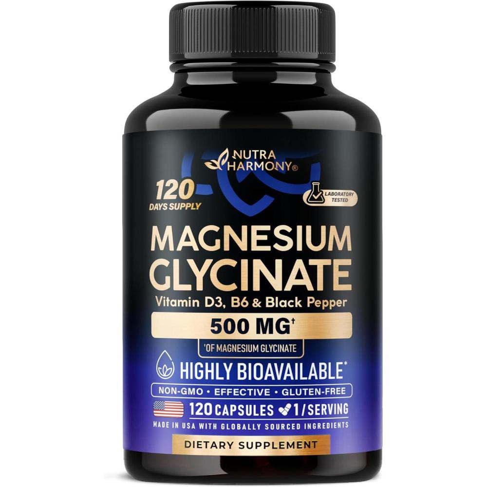 image:imageMagnesium Glycinate 500 mg  Chelated Supplement  High Absorption Form of Magnesium  Support for Sleep Muscle amp Heart Health  Made in USA Lab Tested amp NonGMO  120 Capsules