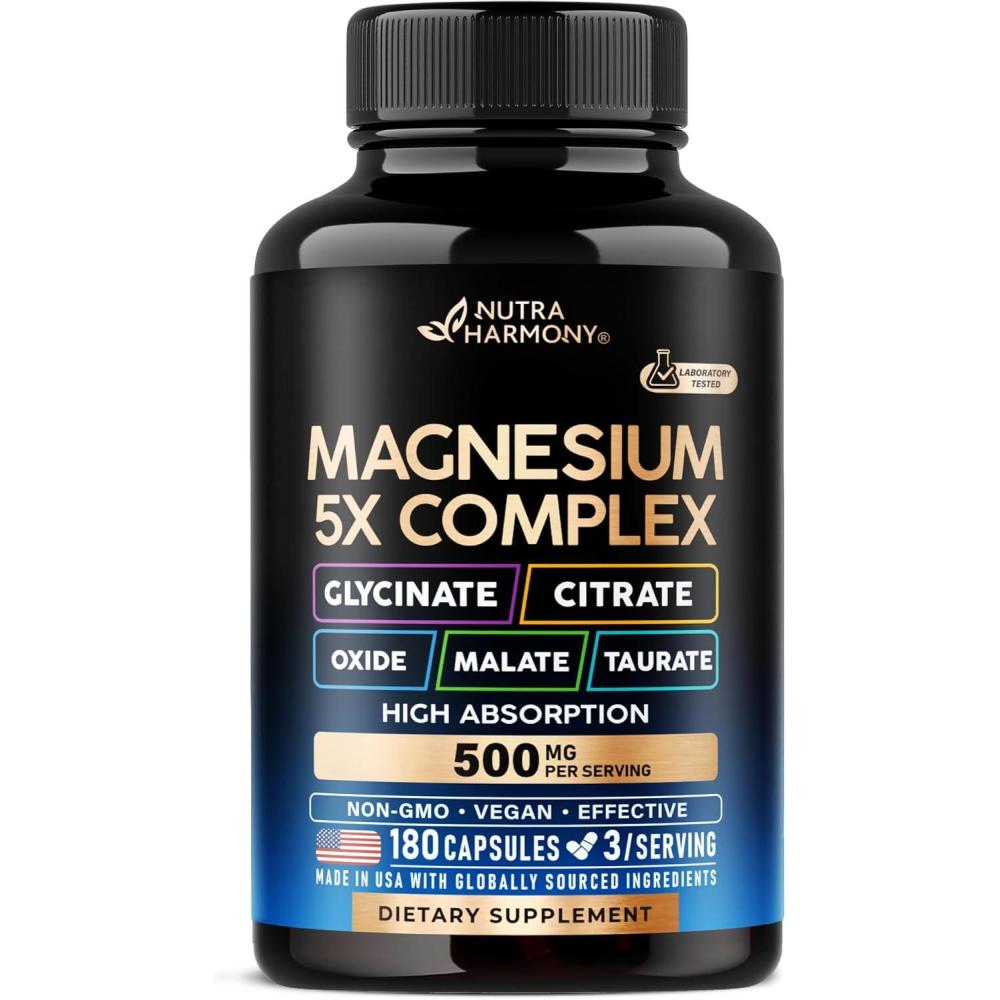 image:imageMagnesium Supplement  5 in 1 Complex  Glycinate  Citrate  Malate  Taurate  Oxide  Made in USA  Stress Muscle amp Heart Support  Vegan Natural NonGMO  180 Capsules 2 Month Supply180 Count Pack of 1