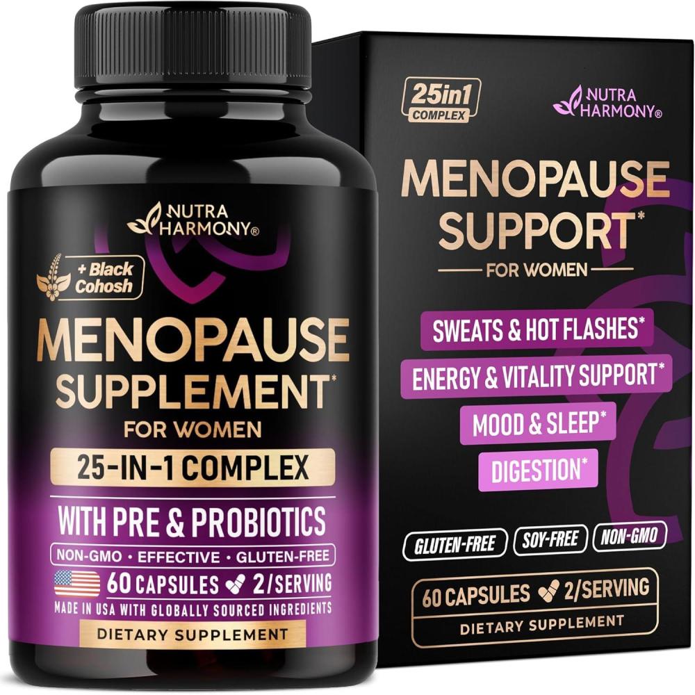image:imageMenopause Supplements for Women  Dong Quai Black Cohosh Pre amp Probiotics  Sweats amp Hot Flashes Relief  Digestion Sleep amp Mood Support  25in1 Perimenopause Complex  Made in USA  60 Capsules60 Count Pack of 1