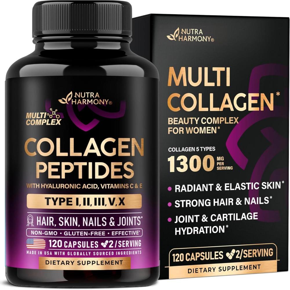 image:imageMulti Collagen Peptides  Hydrolyzed Types I II III V amp X  Collagen Supplement for Women 1300mg  w Hyaluronic Acid Vitamins C amp E  Skin Hair Nails amp Joint Support  Made in USA 120 Capsules120 Count Pack of 1