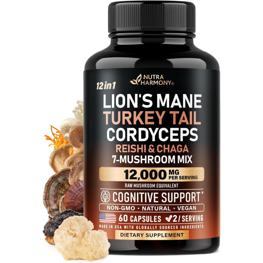 image:imageMushroom Supplement  Organic Lions Mane  Turkey Tail  Chaga  Cordyceps  Reishi  Maitake  Shiitake  Meshima  Tremella  Oyster  Agaricus  Made in USA  Non GMO Gluten Free  60 Capsules60 Count Pack of 1