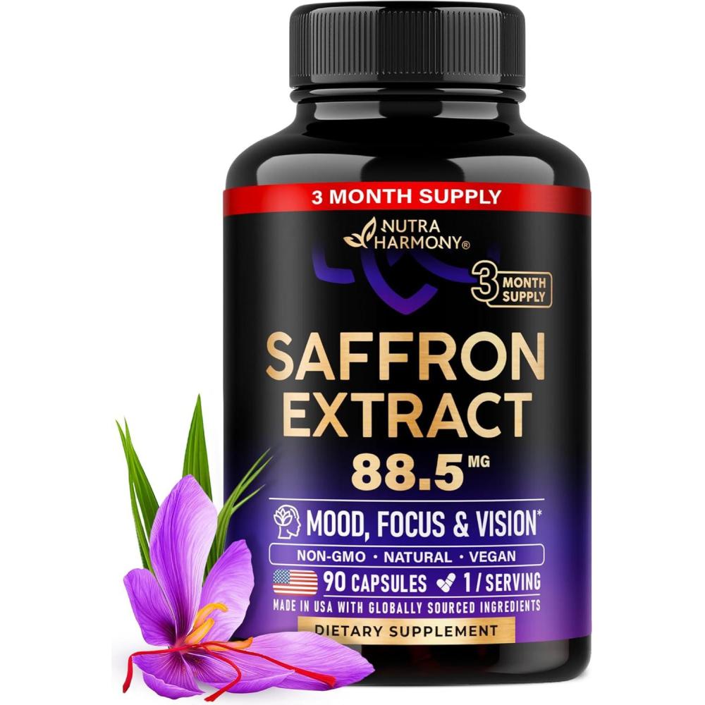 image:imageNatural Saffron Supplements  Pure Saffron Extract 885 mg  Made in USA  Mood  Focus  Vision  Energy Support  Eye Health for Women amp Men  NonGMO Vegan Pills  90 Powder Capsules 3 Month Supply90 Count Pack of 1