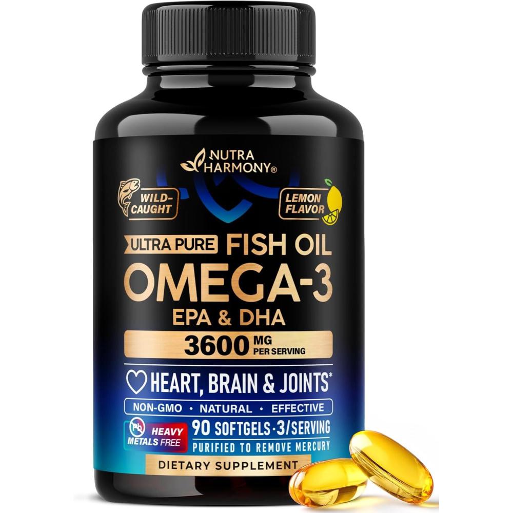 image:imageOmega 3 Fish Oil 3600 mg  Omega 3 Supplement  EPA amp DHA  Heavy Metals Free  Heart Brain amp Joint Support  Purified Fish Oil for Men amp Women  Lemon Flavored  Made in USA 90 Softgels