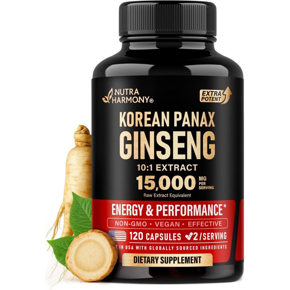 image:imagePanax Ginseng 15000 mg  Red Korean Ginseng Supplement for Men  Extra Strength 101 Extract  Energy Focus Productivity amp Performance  Natural amp Vegan  Made in USA  120 Capsules 2 Month Supply