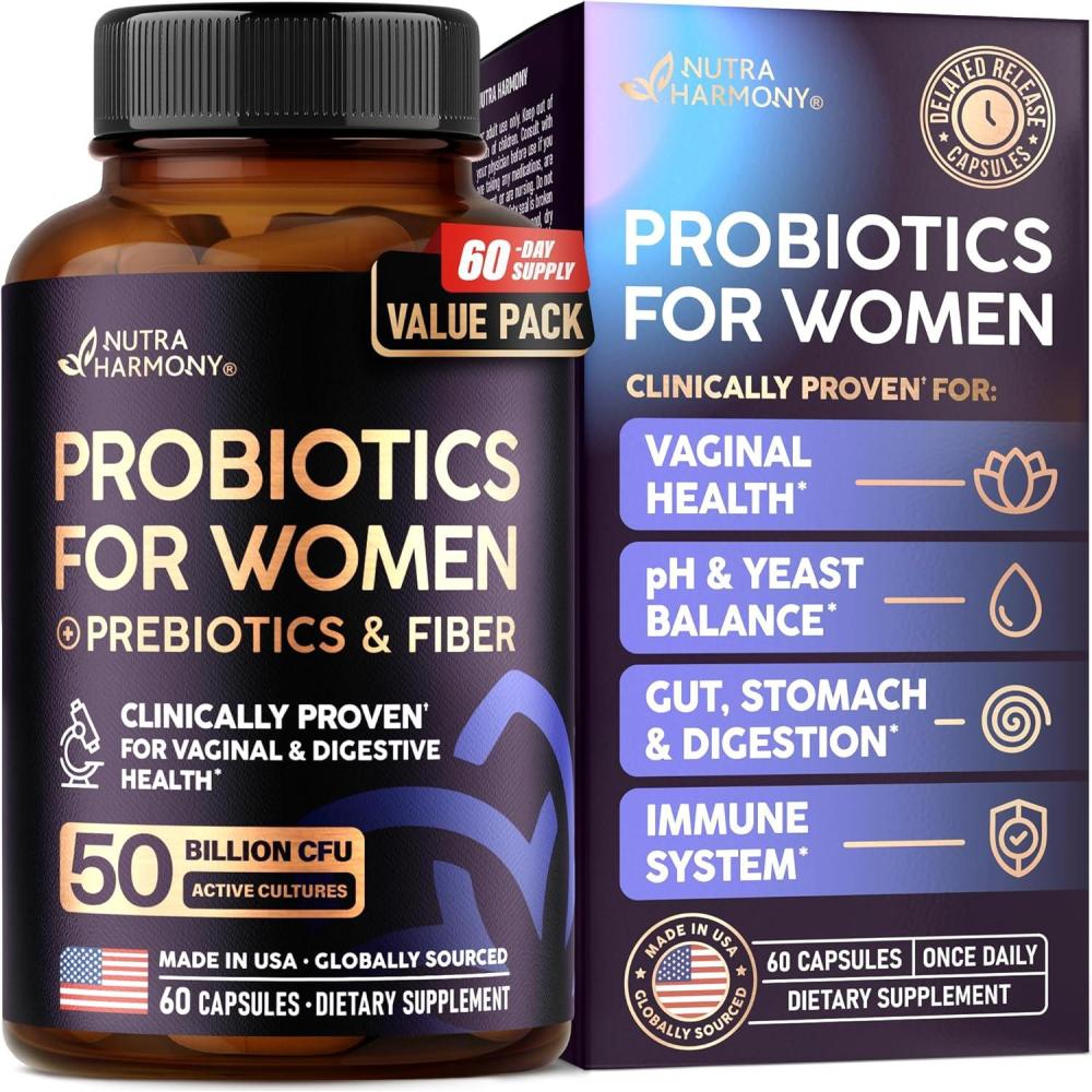 image:imageProbiotics for Women 50 Billion CFU  Vaginal Probiotics Clinically Proven for Yeast amp pH Balance  Digestion amp Bloating Relief  8 Strains  Prebiotics  Delay Release  Made in USA 30 Capsules60 Count Pack of 1