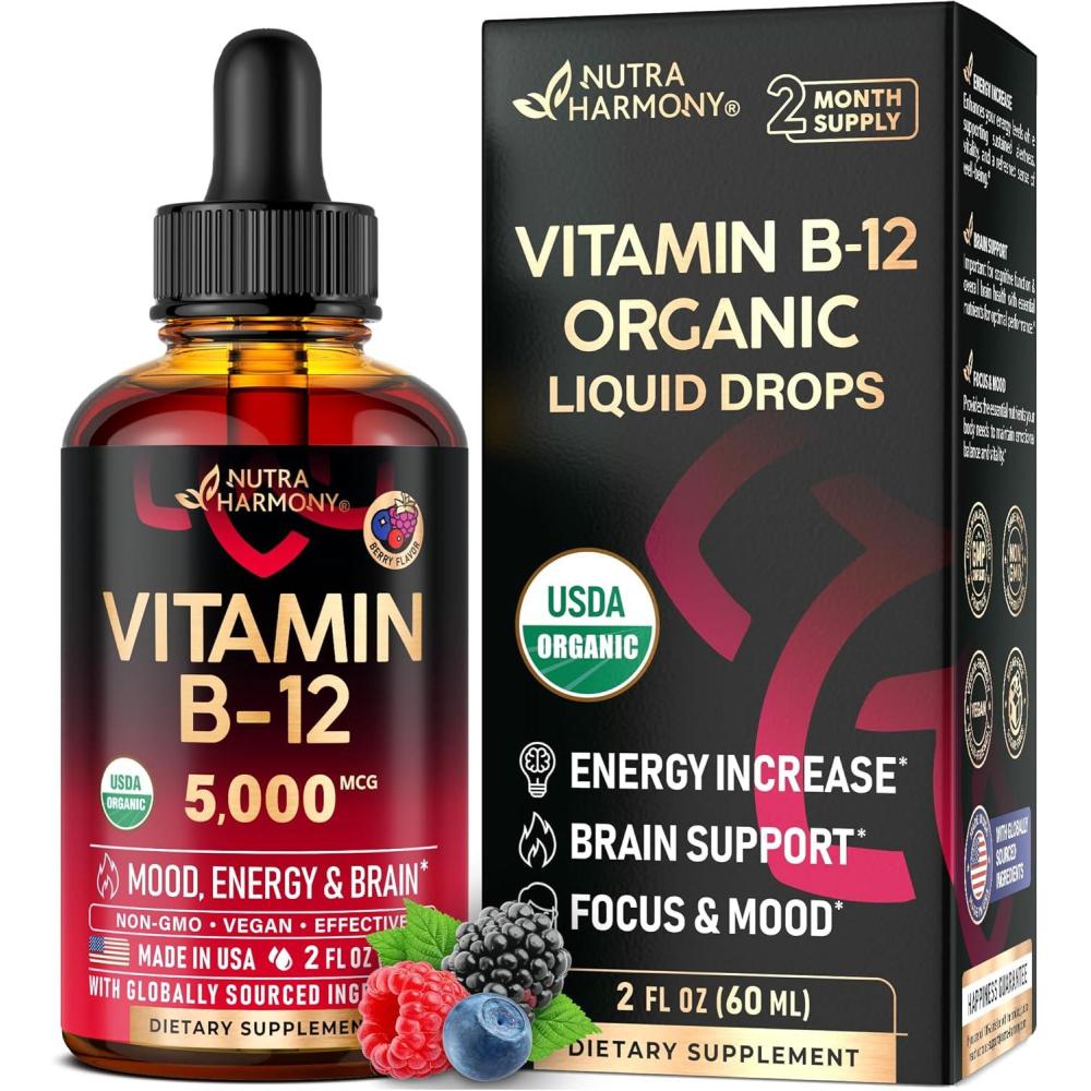 image:imageUSDA Organic Vitamin B12 Sublingual Drops  5000 mcg Liquid Vegan Methylcobalamin for Women amp Men  Energy Boost Focus amp Mood Brain Health Support  Maximize Absorption  2 Month Supply 2 fl ozDrops 2 fl oz