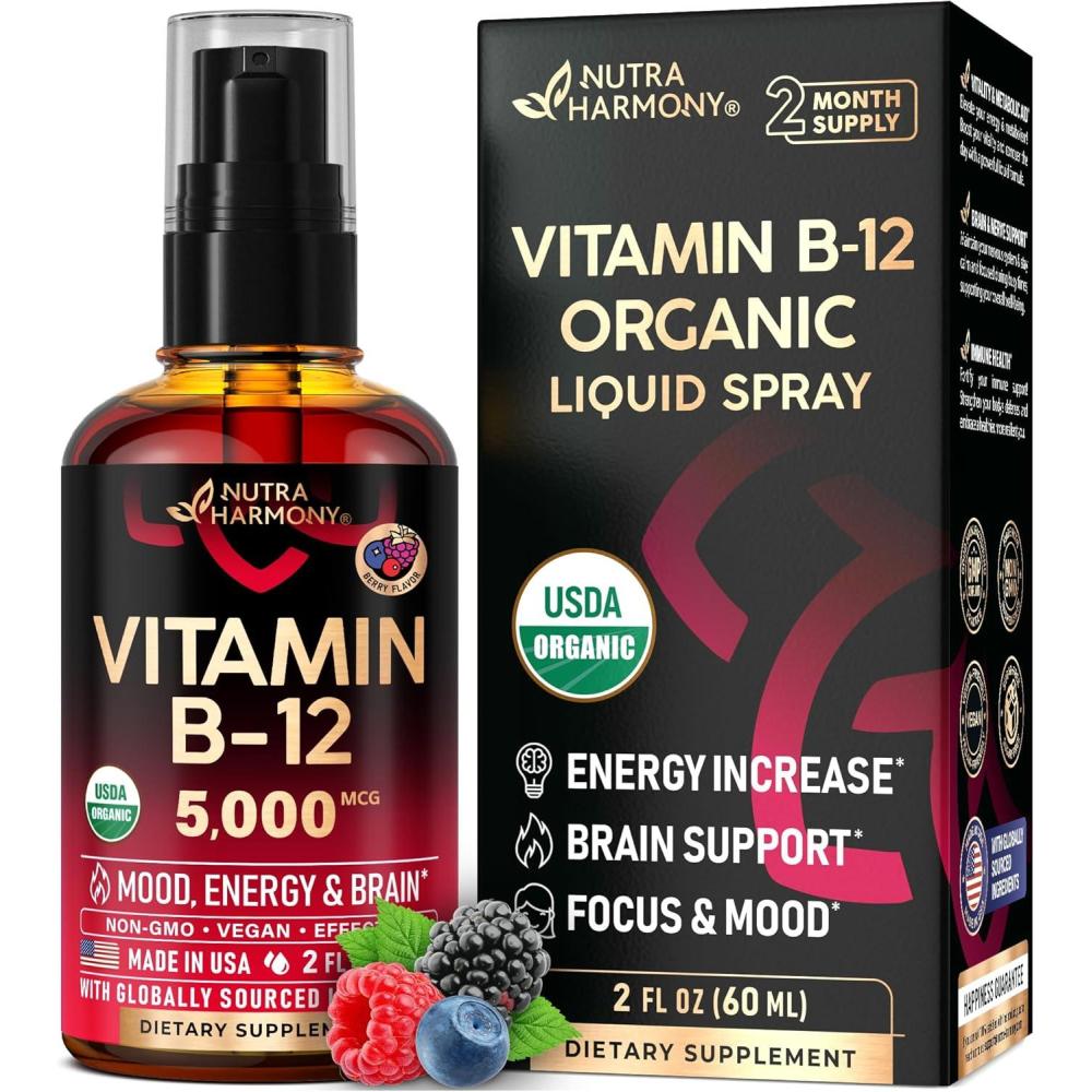 image:imageUSDA Organic Vitamin B12 Sublingual Drops  5000 mcg Liquid Vegan Methylcobalamin for Women amp Men  Energy Boost Focus amp Mood Brain Health Support  Maximize Absorption  2 Month Supply 2 fl ozSpray 2 fl oz