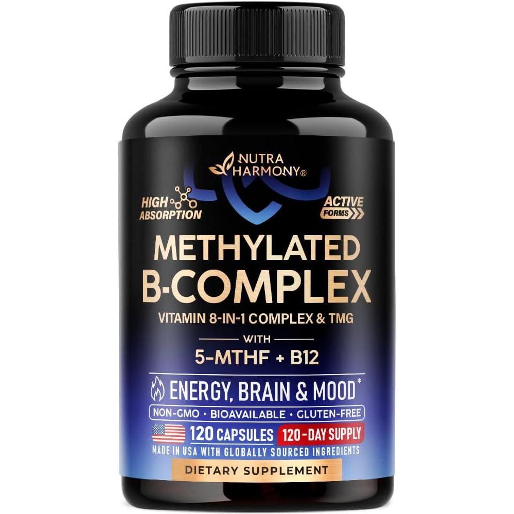 image:imageVitamin B Complex Methylated  BComplex with Methylfolate amp B12  Bioavailable for Men amp Women  9in1 Methylated Multivitamin  Energy Brain amp Mood  Vegan  Made in USA  120 Capsules OneDay