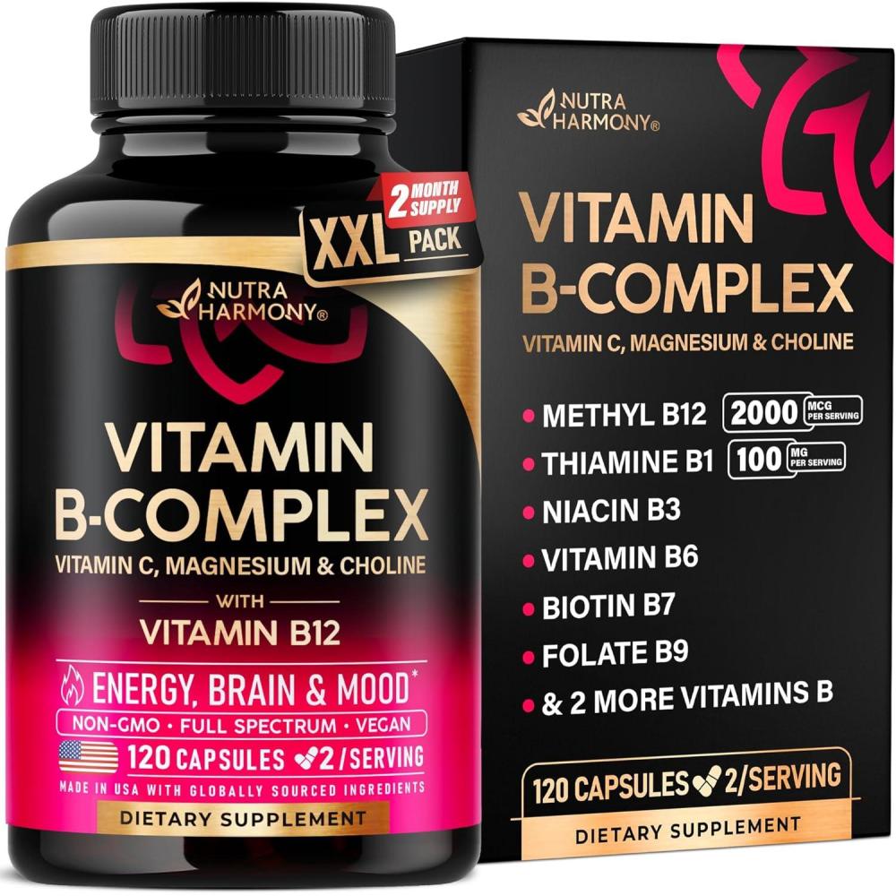 image:imageVitamin B Complex for Men amp Women  Made in USA  BComplex B1 B2 B3 B5 B6 B7 B8 B9 B12 with Vitamin C Choline Inositol  Energy Brain amp Heart Support Supplement 120 Vegan Capsules120 Count Pack of 1