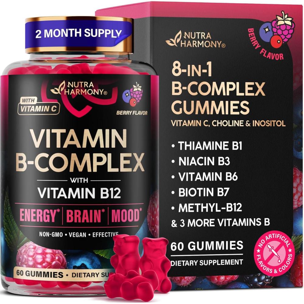image:imageVitamin BComplex Gummies for Women amp Men  Vitamin B12 B1 B2 B3 B5 B6 B7 amp B9  B Complex with Vitamin C amp Choline  Energy Brain amp Mood  Natural Berry Flavor Vegan  60 Gummies for 2 Months60 Count Pack of 1