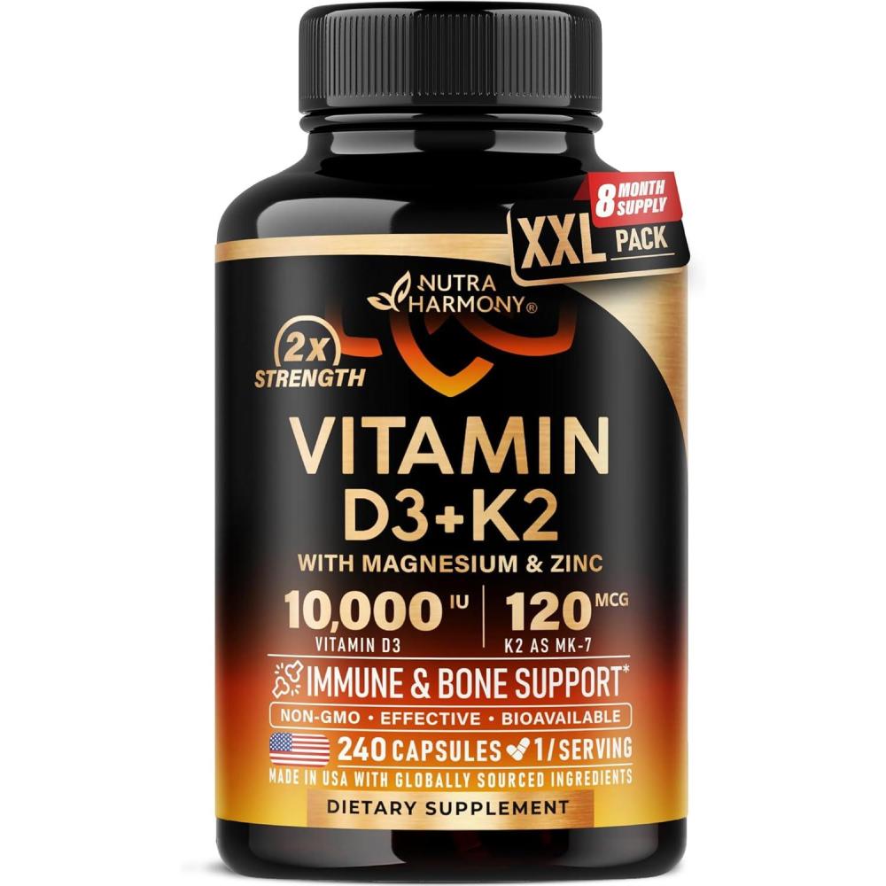 image:imageVitamin D3 K2  Vitamin D3 10000 iu amp K2 as MK7 120 mcg  Immune amp Mood Support for Bone amp Teeth Health  with Magnesium Zinc amp Vitamin C amp B12  Highly Bioavailable  Made in USA 120 Capsules240 Count Pack of 1