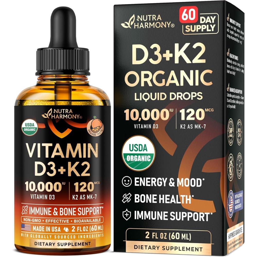 image:imageVitamin D3 K2 USDA Organic Drops  Vitamin D3 10000 IU amp K2 as MK7 120mcg  Immune amp Mood Support Bone amp Teeth Health  SugarFree Orange Flavor  Liquid Supplement  Made in USA  2 FL OZ 60 Days2 Fl Oz Pack of 1