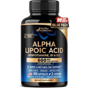 Alpha Lipoic Acid 600mg – ALA Supplement Antioxidant for Nerve, Energy & Metabolism Support – Extra Strength with Benfotiamine, B1 & B12 – Lab Tested, NON-GMO & Vegan – 120 Capsules, 2 Month Supply(180 Count (Pack of 1))