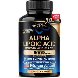 Alpha Lipoic Acid 600mg – ALA Supplement Antioxidant for Nerve, Energy & Metabolism Support – Extra Strength with Benfotiamine, B1 & B12 – Lab Tested, NON-GMO & Vegan – 120 Capsules, 2 Month Supply(240 Count (Pack of 1))