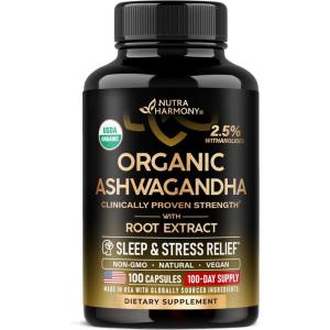 Ashwagandha Supplements 1800mg – USDA Organic Ashwagandha for Women & Men – Clinically Effective Strength for Stress Relief & Sleep – Powder & Root Extract 2.5% Withanolides – Made in USA 100 Capsules