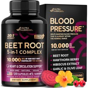 Beet Root 5-in-1 Complex Capsules – Healthy Blood Pressure Support Supplement** for Heart & Circulation Support – Olive Leaf, Hawthorn Berry & Hibiscus – for Men & Women – Made in USA, 120 Capsules(120 Count (Pack of 1))
