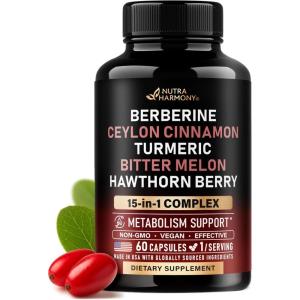 Berberine with Ceylon Cinnamon | Bitter Melon (Karela) | Apple Cider Vinegar | Hawthorn Berry | Citrus Bergamot | Turmeric – 15-in-1 Supplement for Heart Support, Metabolism & Energy – 60 Capsules