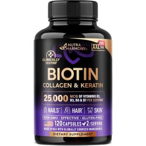 Biotin | Collagen | Hyaluronic Acid | Keratin – Clinically Tested Supplement – Hair Growth Support, Skin & Nails – 25000 mcg Vitamins B2, B3, B6 & B7 + B1 – Made in USA – Women & Men | 120 Capsules