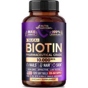 Biotin 10000mcg with Silicon – Pharmaceutical Grade Biotin Supplement for Women – Hair Growth Support, Skin & Nails – Max Strength & 100% Bioavailability – Made in USA – 120 Softgels, 120 Days Supply