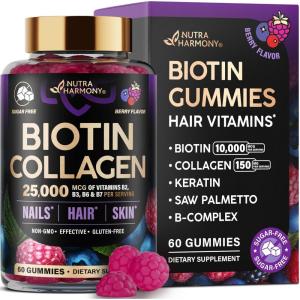 Biotin Gummies with Collagen – Hair Growth Support Skin, & Nail Strength – for Women & Men – Biotin 10000mcg | Keratin | Hyaluronic Acid | B-Complex | Saw Palmetto – Sugar-Free, Mixed Berry – 60 Gummy(Mixed berry)