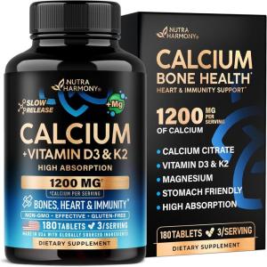 Calcium 1200 mg with Vitamin D3 – Calcium Citrate Supplements for Women & Men – Bone Health, Strength & Density – High Absorption & Slow Release – Lab Tested, Made in USA – 180 Tablets, 60 Days Supply(180 Count (Pack of 1))