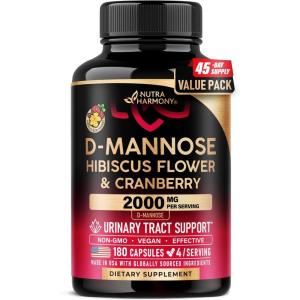 D-Mannose 2000mg with Cranberry & Hibiscus – Clinically Tested Strength for Urinary Tract Health – Supplement for Women – Bladder, Liver & Microflora Support – Made in USA – Vegan, 120 Capsules(180 Count (Pack of 1))