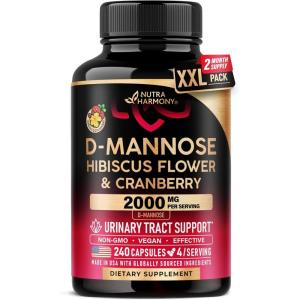 D-Mannose 2000mg with Cranberry & Hibiscus – Clinically Tested Strength for Urinary Tract Health – Supplement for Women – Bladder, Liver & Microflora Support – Made in USA – Vegan, 120 Capsules(240 Count (Pack of 1))