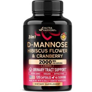 D-Mannose 2000mg with Cranberry & Hibiscus – Clinically Tested Strength for Urinary Tract Health – Supplement for Women – Bladder, Liver & Microflora Support – Made in USA – Vegan, 120 Capsules(120 Count (Pack of 1))