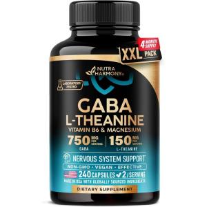 GABA L-Theanine 900 mg – Made in USA – Magnesium | Vitamin B6 – Calm, Sleep, Relaxation & Mood Support – 750 mg Gamma AminoButyric Acid, 150 mg L-Theanine – Non-Habit Forming, Vegan – 120 Capsules(240 Count (Pack of 1))