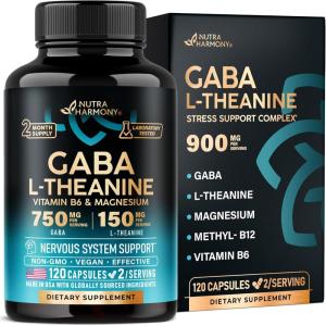 GABA L-Theanine 900 mg – Made in USA – Magnesium | Vitamin B6 – Calm, Sleep, Relaxation & Mood Support – 750 mg Gamma AminoButyric Acid, 150 mg L-Theanine – Non-Habit Forming, Vegan – 120 Capsules(120 Count (Pack of 1))