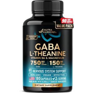 GABA L-Theanine 900 mg – Made in USA – Magnesium | Vitamin B6 – Calm, Sleep, Relaxation & Mood Support – 750 mg Gamma AminoButyric Acid, 150 mg L-Theanine – Non-Habit Forming, Vegan – 120 Capsules(180 Count (Pack of 1))