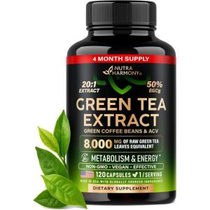 Green Tea Extract – 50% EGCG, Extra Strength 20:1 Extract – Natural Green Tea Supplement + Green Coffee Beans & Apple Cider Vinegar – Energy & Metabolism Support – for Men & Women – Vegan 120 Capsules