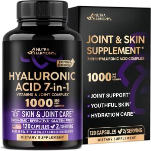 Hyaluronic Acid Supplements 1000 mg – Collagen | MSM | Boswellia | Vitamin D3, C & E – Hyaluronic Acid Capsules – Skin Hydratation & Joint Comfort Support – 7-in-1 Complex – Made in USA – 120 Capsules(120 Count (Pack of 1))