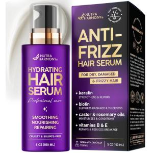 Hydrating Hair Serum for Dry & Frizzy Hair, Lightweight Leave-In Anti-Frizz Treatment, Non-Greasy Split Ends Repair with Keratin, Biotin, Castor & Rosemary Oils, Smooth Shine & Heat Protection, 5 oz(5 Fl Oz (Pack of 1))