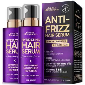 Hydrating Hair Serum for Dry & Frizzy Hair, Lightweight Leave-In Anti-Frizz Treatment, Non-Greasy Split Ends Repair with Keratin, Biotin, Castor & Rosemary Oils, Smooth Shine & Heat Protection, 5 oz(5 Fl Oz (Pack of 2))