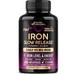 Iron Supplement for Women – Iron 65mg (Ferrous Sulfate 325mg) – Stomach Friendly | Slow Release Iron | High Absorption – Vitamins C, D3, B6, B12 & Folate – Iron Level & Energy Support – 60 Capsules(60 Count (Pack of 1))