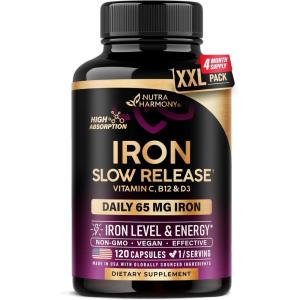 Iron Supplement for Women – Iron 65mg (Ferrous Sulfate 325mg) – Stomach Friendly | Slow Release Iron | High Absorption – Vitamins C, D3, B6, B12 & Folate – Iron Level & Energy Support – 60 Capsules(120 Count (Pack of 1))