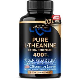 L Theanine 400 mg | L-Theanine Stress Relief | Extra Strength Supplement | Made in USA | Relaxation, Sleep & Calm Support | For Men & Women | Plant Based, Non-GMO & Gluten-Free | 120 Vegan Capsules(240 Count (Pack of 1))