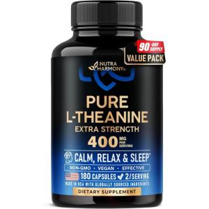 L Theanine 400 mg | L-Theanine Stress Relief | Extra Strength Supplement | Made in USA | Relaxation, Sleep & Calm Support | For Men & Women | Plant Based, Non-GMO & Gluten-Free | 120 Vegan Capsules(180 Count (Pack of 1))