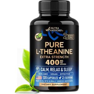 L Theanine 400 mg | L-Theanine Stress Relief | Extra Strength Supplement | Made in USA | Relaxation, Sleep & Calm Support | For Men & Women | Plant Based, Non-GMO & Gluten-Free | 120 Vegan Capsules(120 Count (Pack of 1))