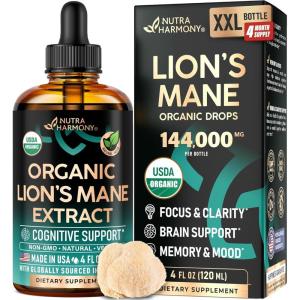 Lions Mane Liquid – USDA Certified Organic Lions Mane Supplement – Brain Support, Energy, Memory & Focus – Sugar & Alcohol-Free Lion’s Mane Mushroom Extract 72,000 mg / Bottle, 2 Fl OZ, 2 Month Supply(4 Fl Oz (Pack of 1))